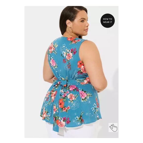 Torrid Blue Floral Rayon Slub Button Up With Waist Detail Tank Blouse Sz.3 - Picture 3 of 16